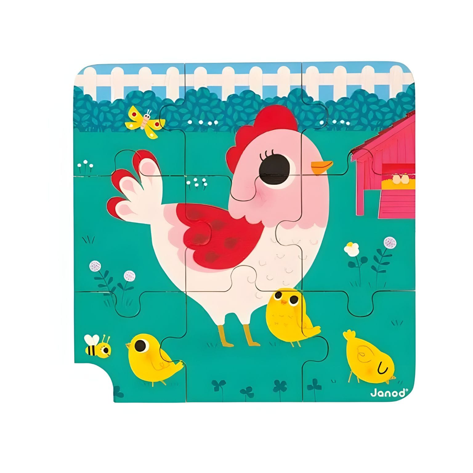 Puzzle madeira infantil com tema de galinha e encaixes