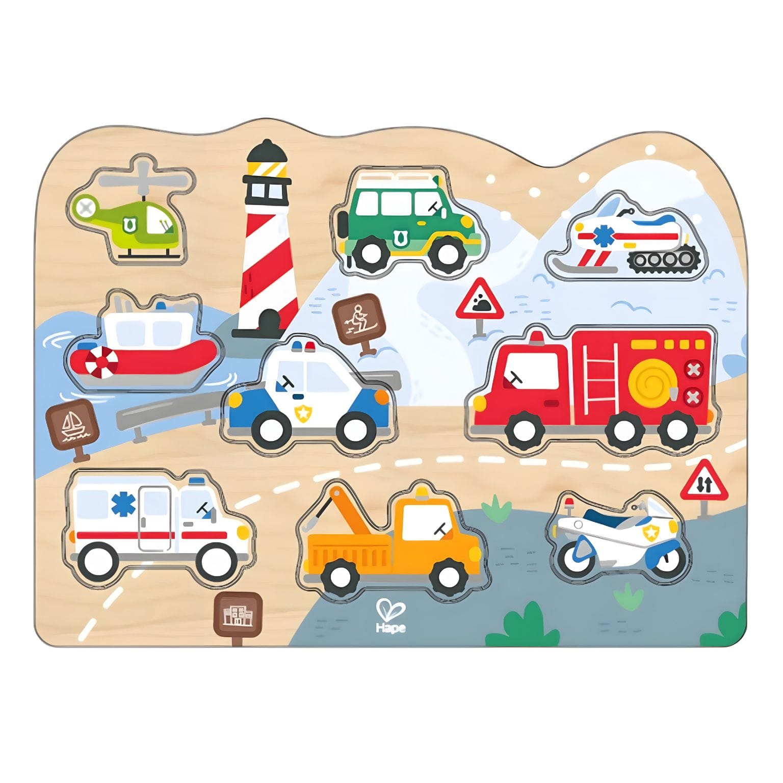 Puzzle Hape com veículos de emergência e peças com pegas
