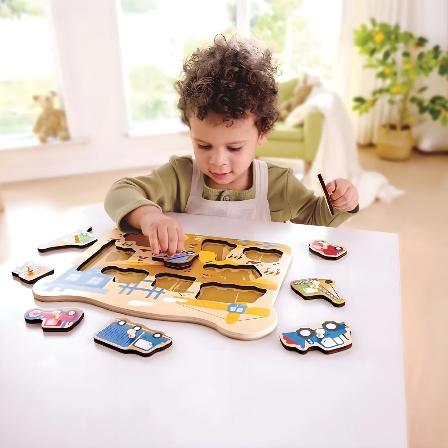 Puzzle de veículos de construção Hape para associação de formas