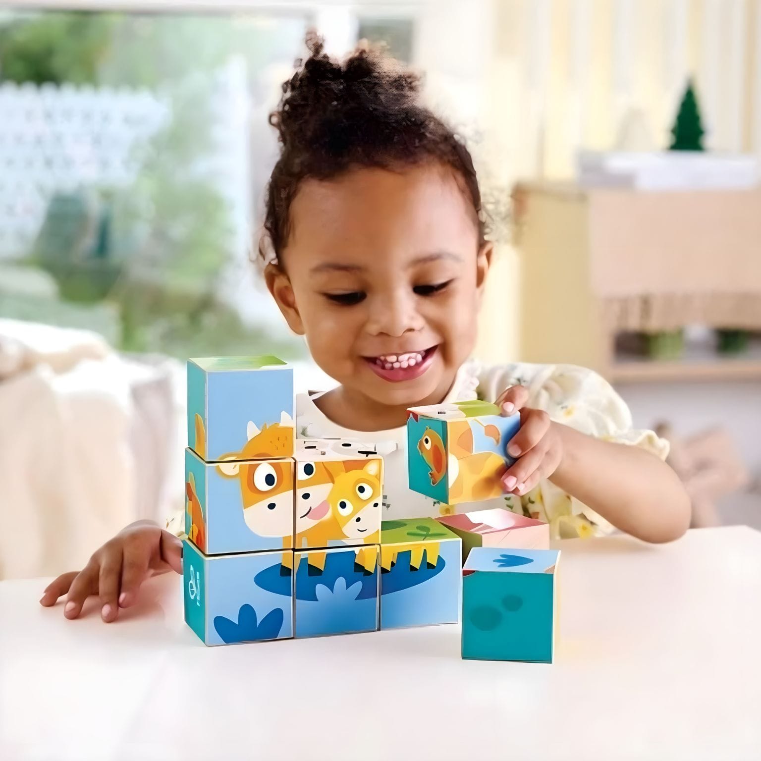 Puzzle em cubos Animais da Quinta Hape para empilhar e combinar