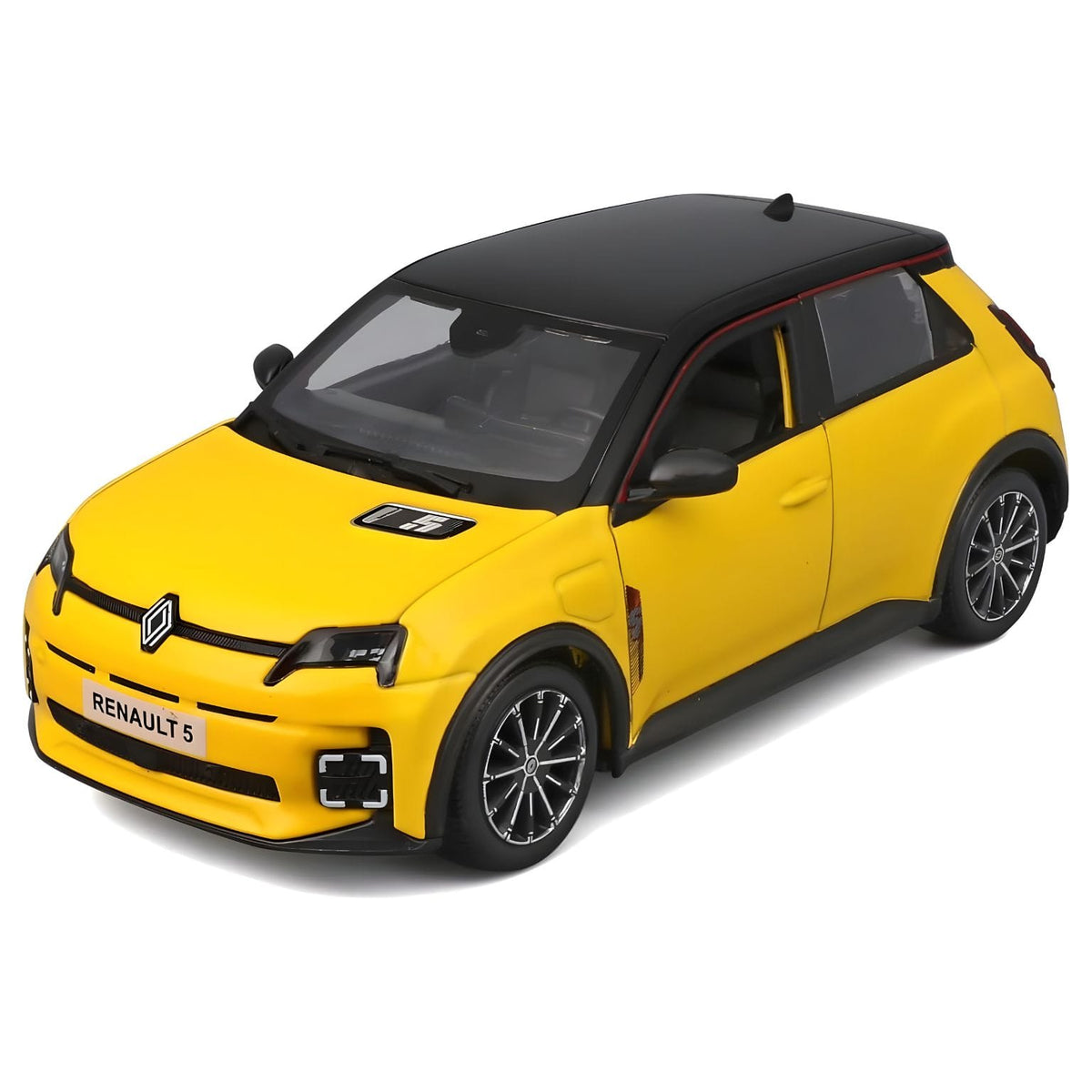 Miniatura Renault 5 E-Tech Bburago em amarelo e preto para coleção automóvel
