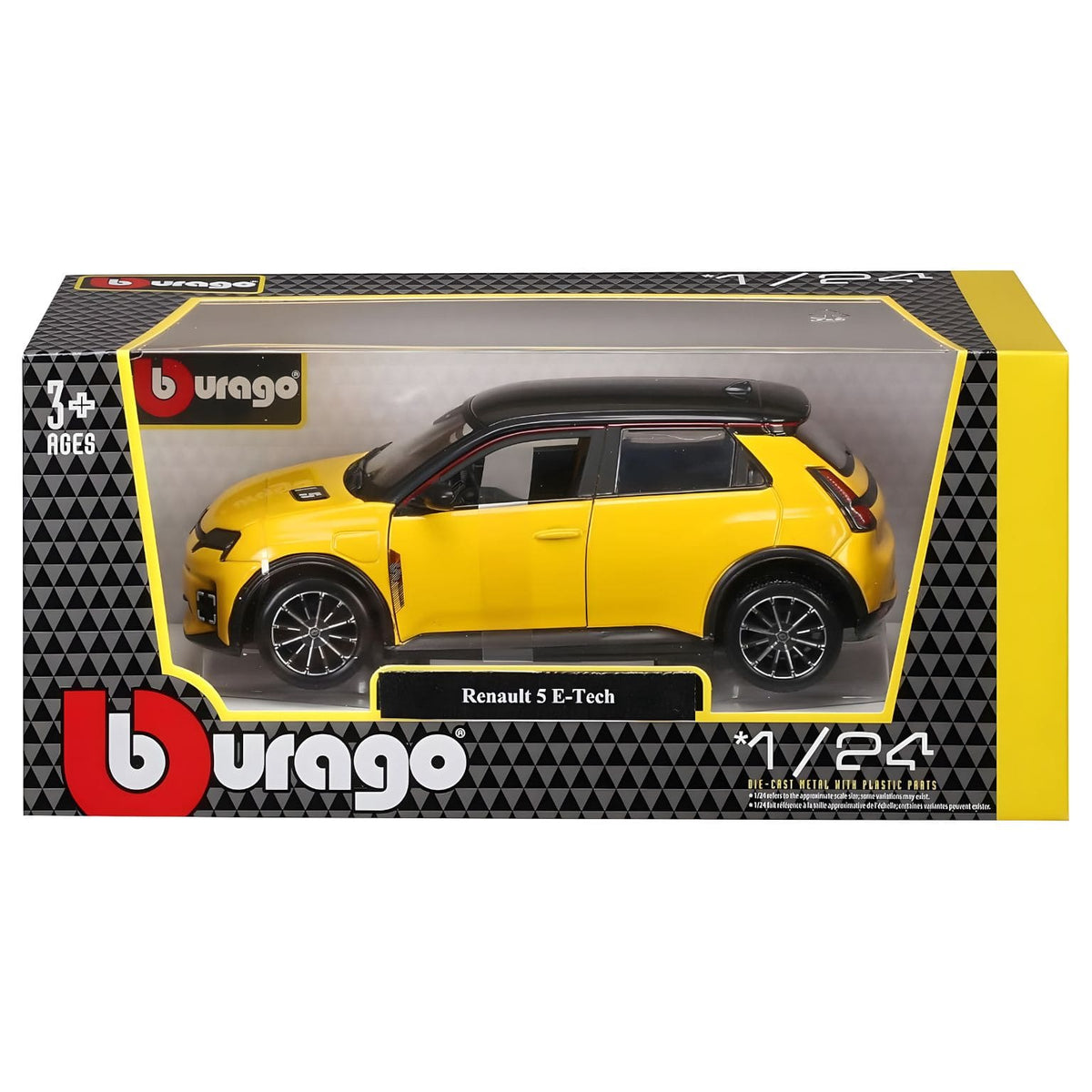 Renault 5 E-Tech Bburago em miniatura com acabamento amarelo e preto