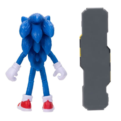 Costas da figura Sonic e prancha de snowboard cinzenta com riscas amarelas