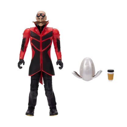 Figura Dr. Robotnik de casaco vermelho e preto, com drone e copo de café