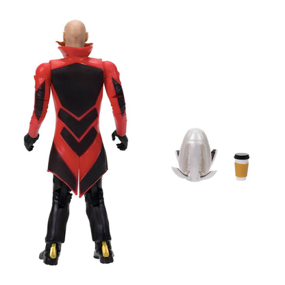 Figura Dr. Robotnik vista de costas, com drone e copo de café