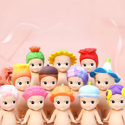 Grupo de figuras Sonny Angel série Flores com chapéus de flores