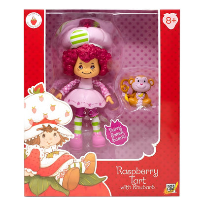 Boneca Strawberry Shortcake Raspberry Tart na embalagem com o macaco Rhubarb