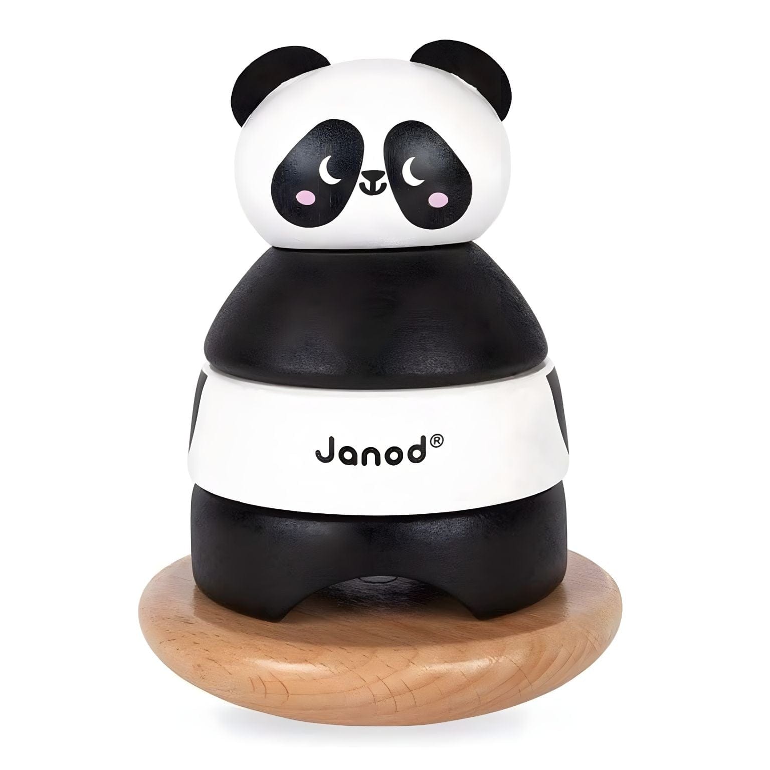 Torre de empilhar em madeira Panda Janod em preto e branco sobre base redonda
