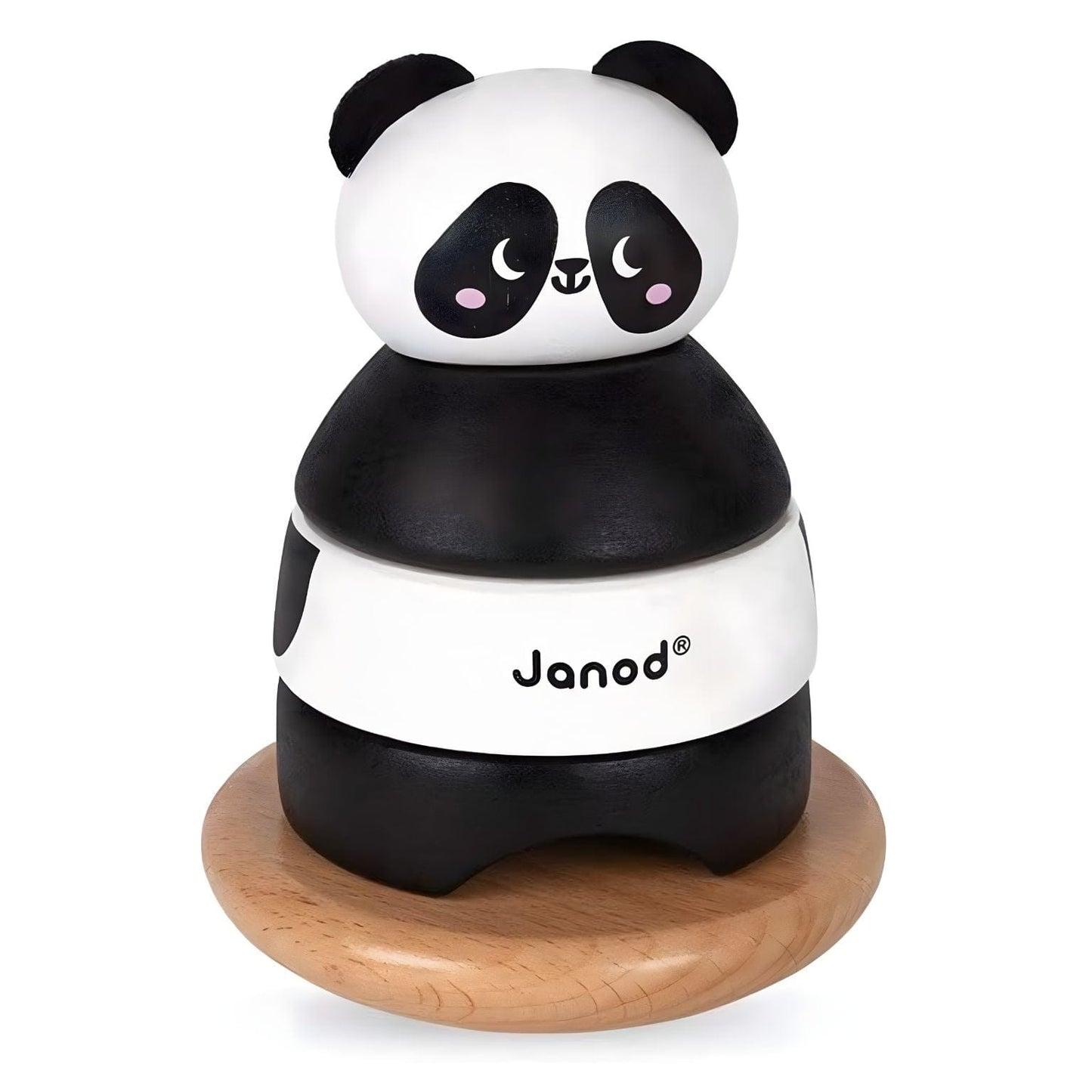 Torre de empilhar em madeira Panda Janod em preto e branco sobre base redonda