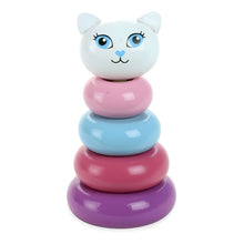 Torre de empilhar Gata Kitty da Vilac com argolas rosa, azul e lilás e cabeça de gata branca