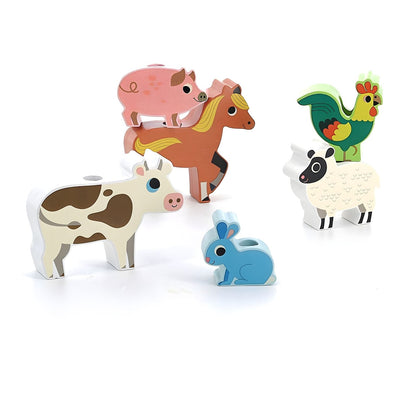 Animais de madeira do Trator de Transporte: vaca, porco, cavalo, galo, ovelha e coelho