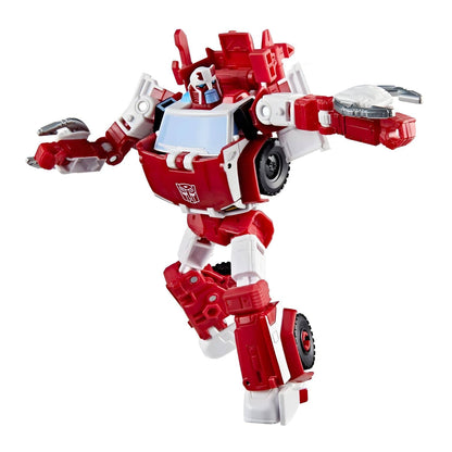 Transformers Age of The Primes Ratchet em modo robô vermelho e branco