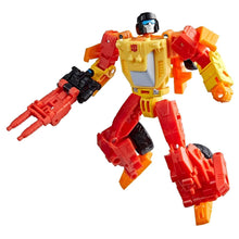 Transformers Age of the Primes Sureshot em modo robot e veículo com cores vermelha, amarela e laranja