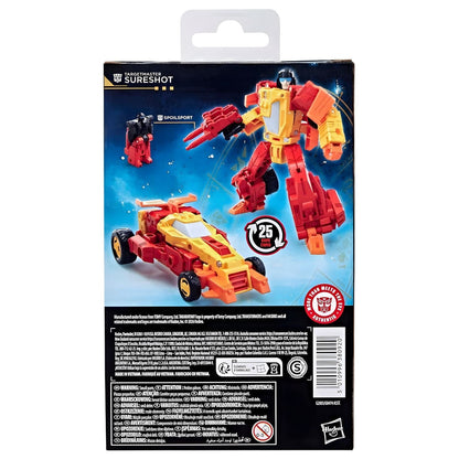 Transformers Age of the Primes Sureshot em modo robot e veículo com cores vermelha, amarela e laranja