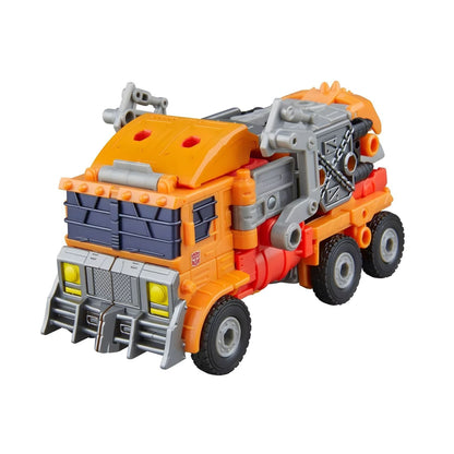 transformers Age of the Primes - Junkion Wreck-Gar em modo camião e robô nas cores laranja e vermelho