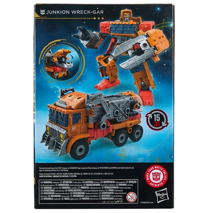 transformers Age of the Primes - Junkion Wreck-Gar em modo camião e robô nas cores laranja e vermelho