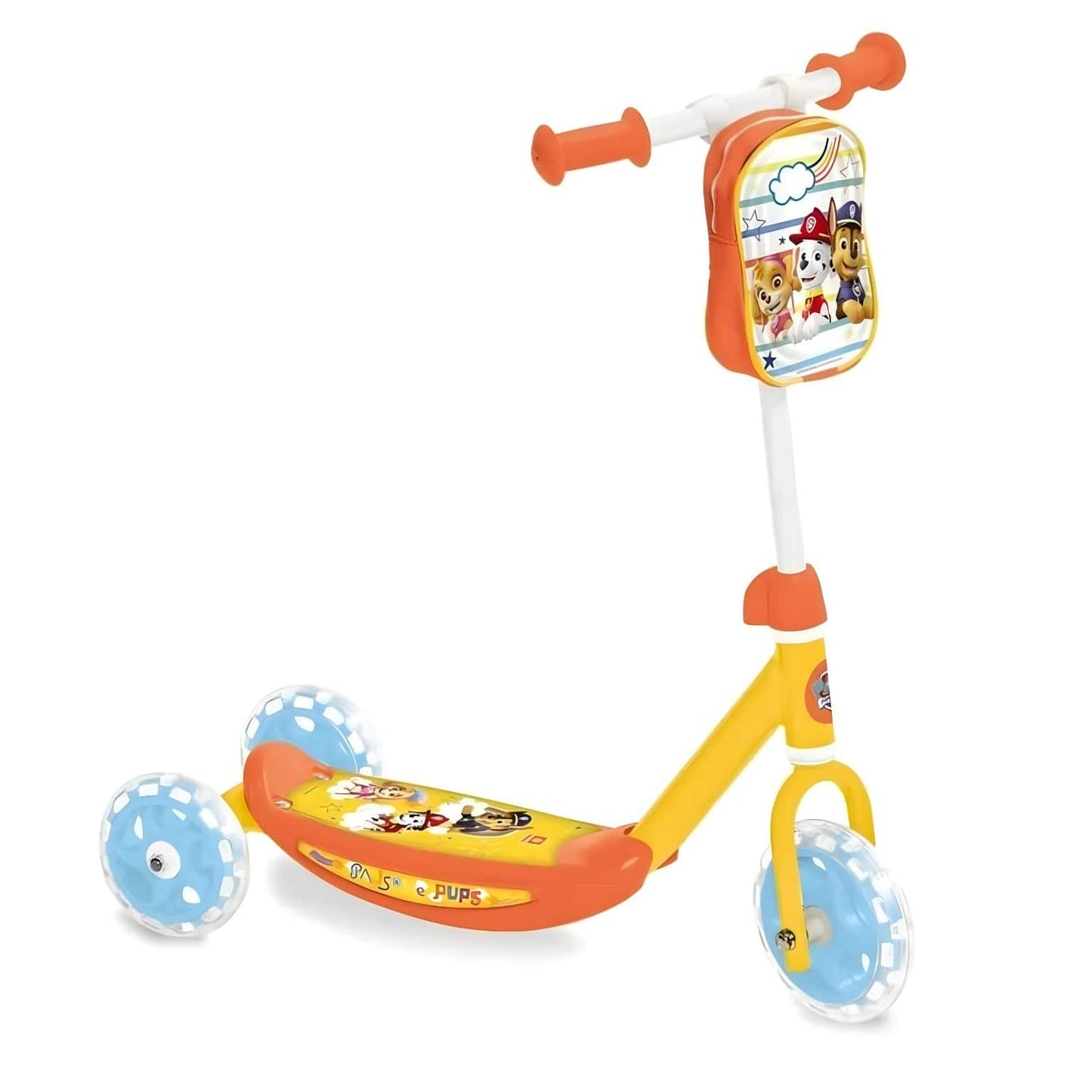 Trotinete 3 rodas Patrulha Pata Mondo cores laranja amarelo azul com personagens