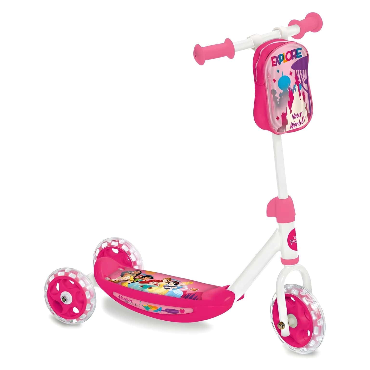 Trotinete 3 Rodas das Princesas Disney cor-de-rosa com ilustrações das princesas e guiador branco
