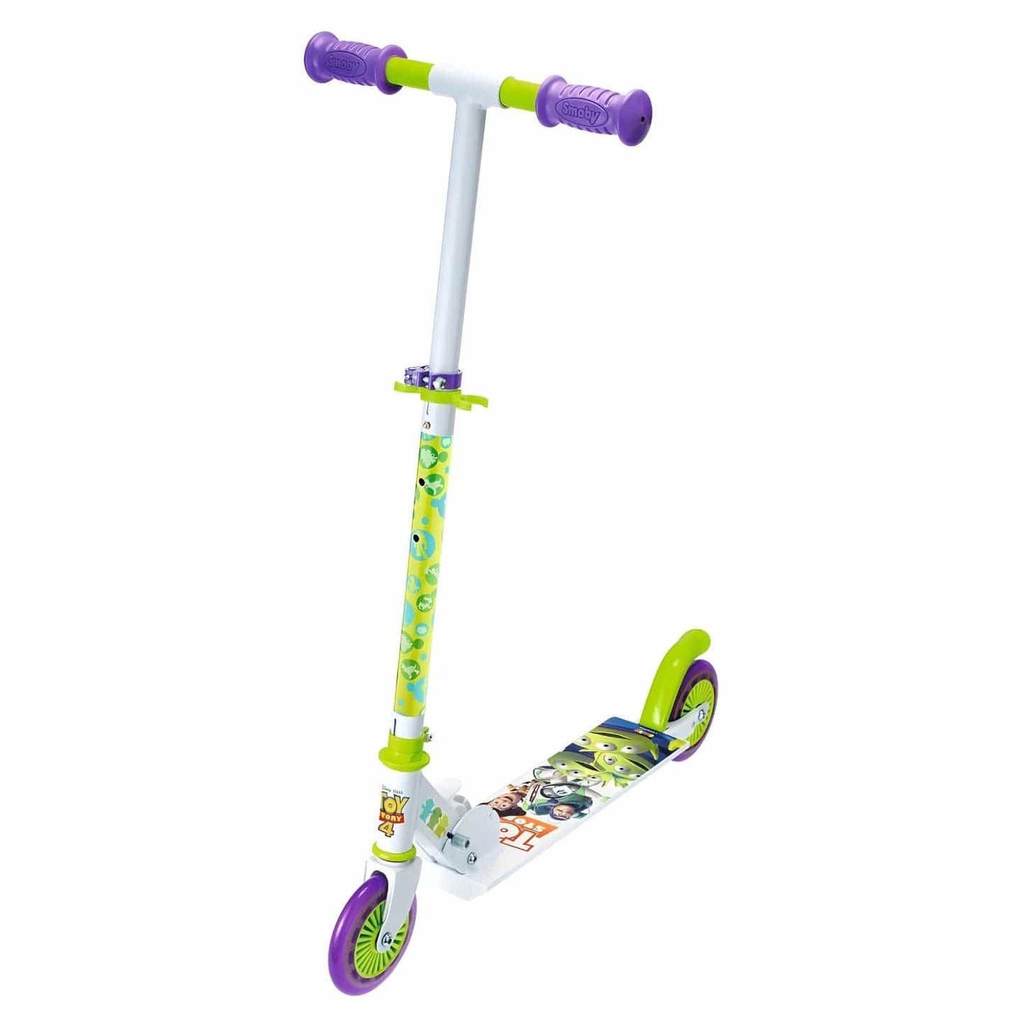 Trotinete 2 rodas Toy Story Smoby com ilustrações Toy Story e cores verde e roxo