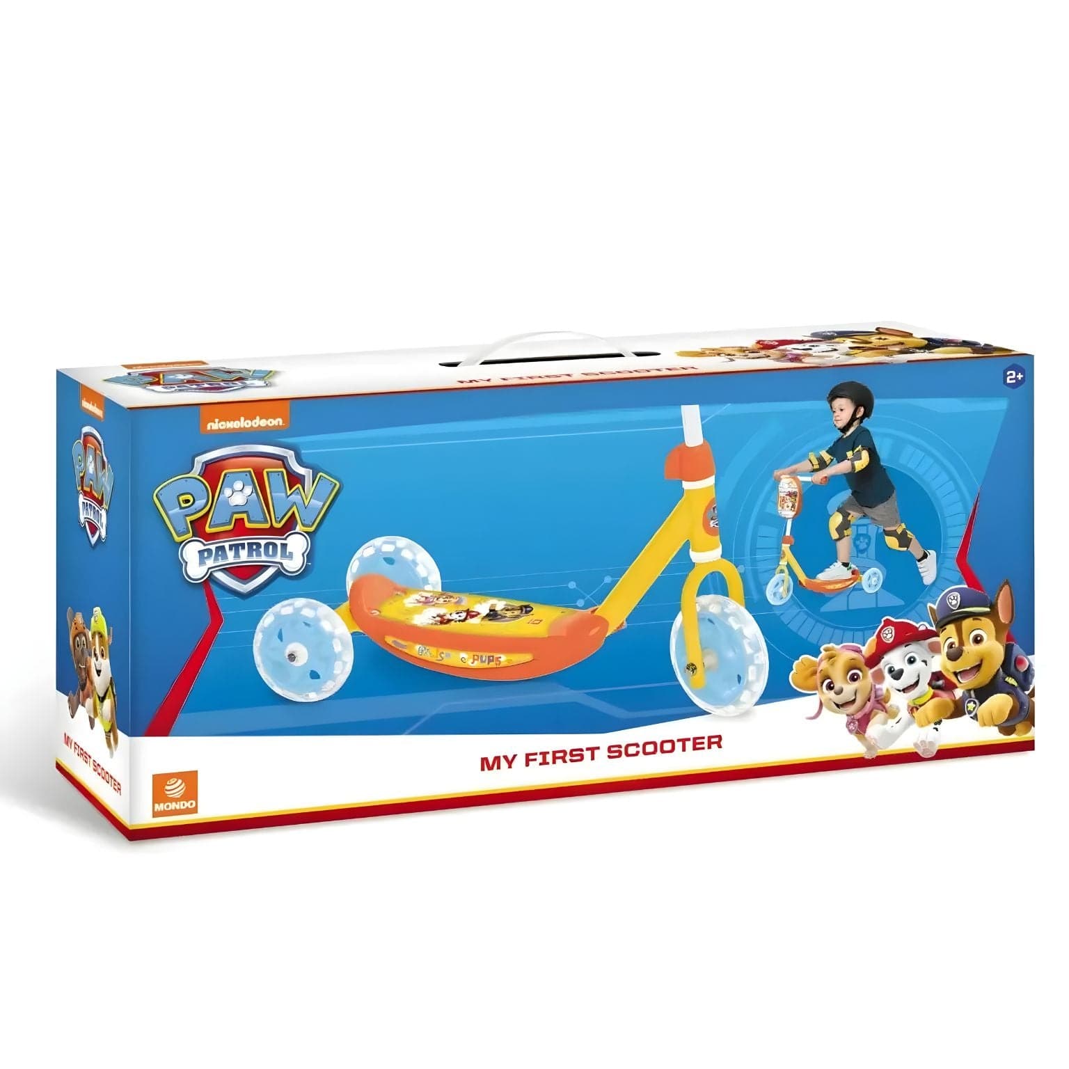Trotinete 3 rodas Patrulha Pata Mondo cores laranja amarelo azul com personagens
