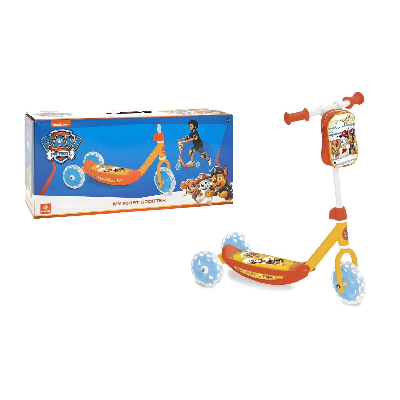 Trotinete 3 rodas Patrulha Pata Mondo cores laranja amarelo azul com personagens
