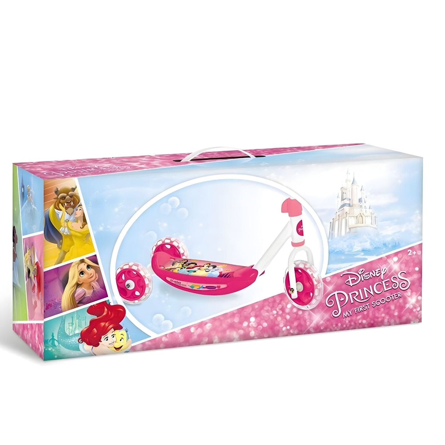 Trotinete 3 Rodas das Princesas Disney cor-de-rosa com ilustrações das princesas e guiador branco