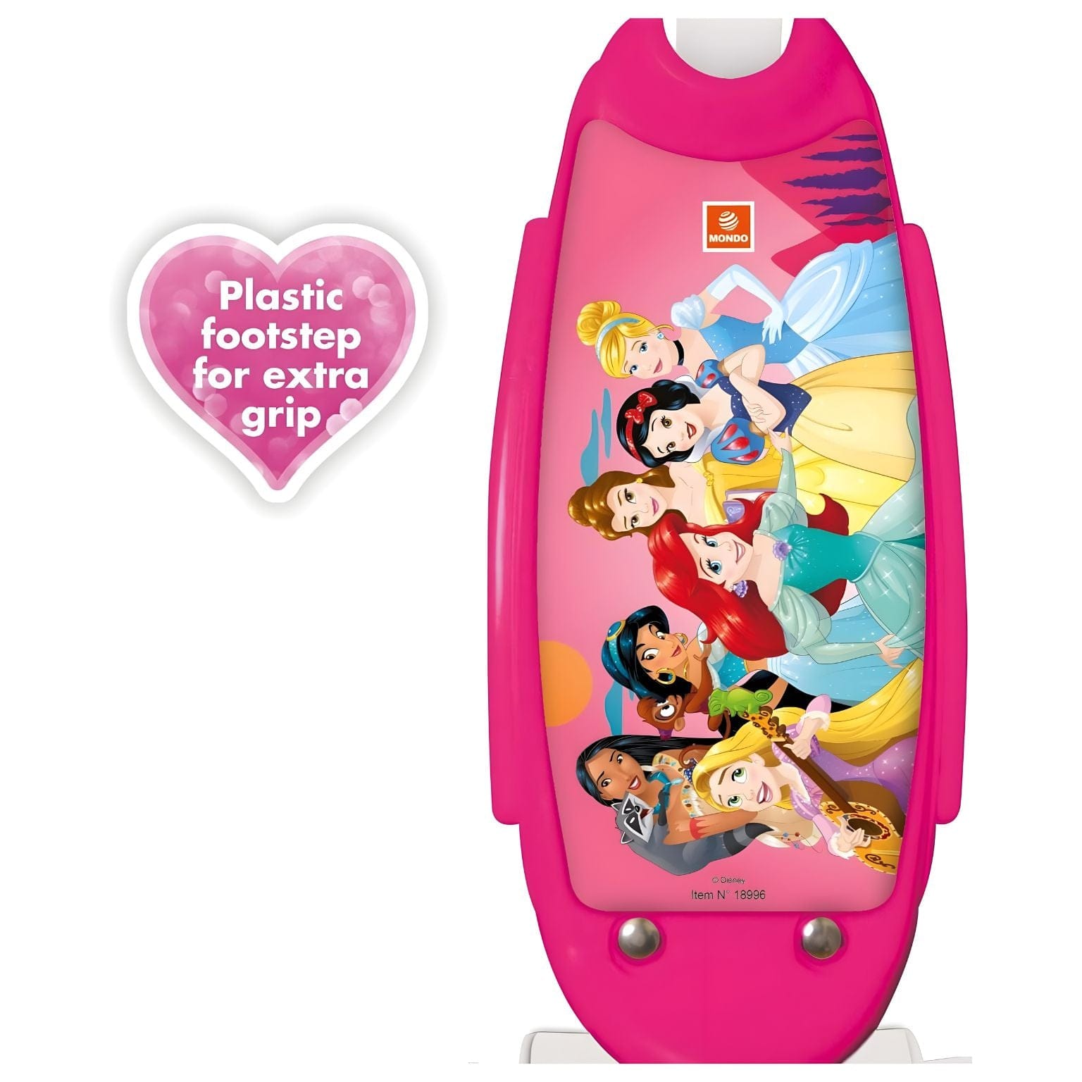 Trotinete 3 Rodas das Princesas Disney cor-de-rosa com ilustrações das princesas e guiador branco