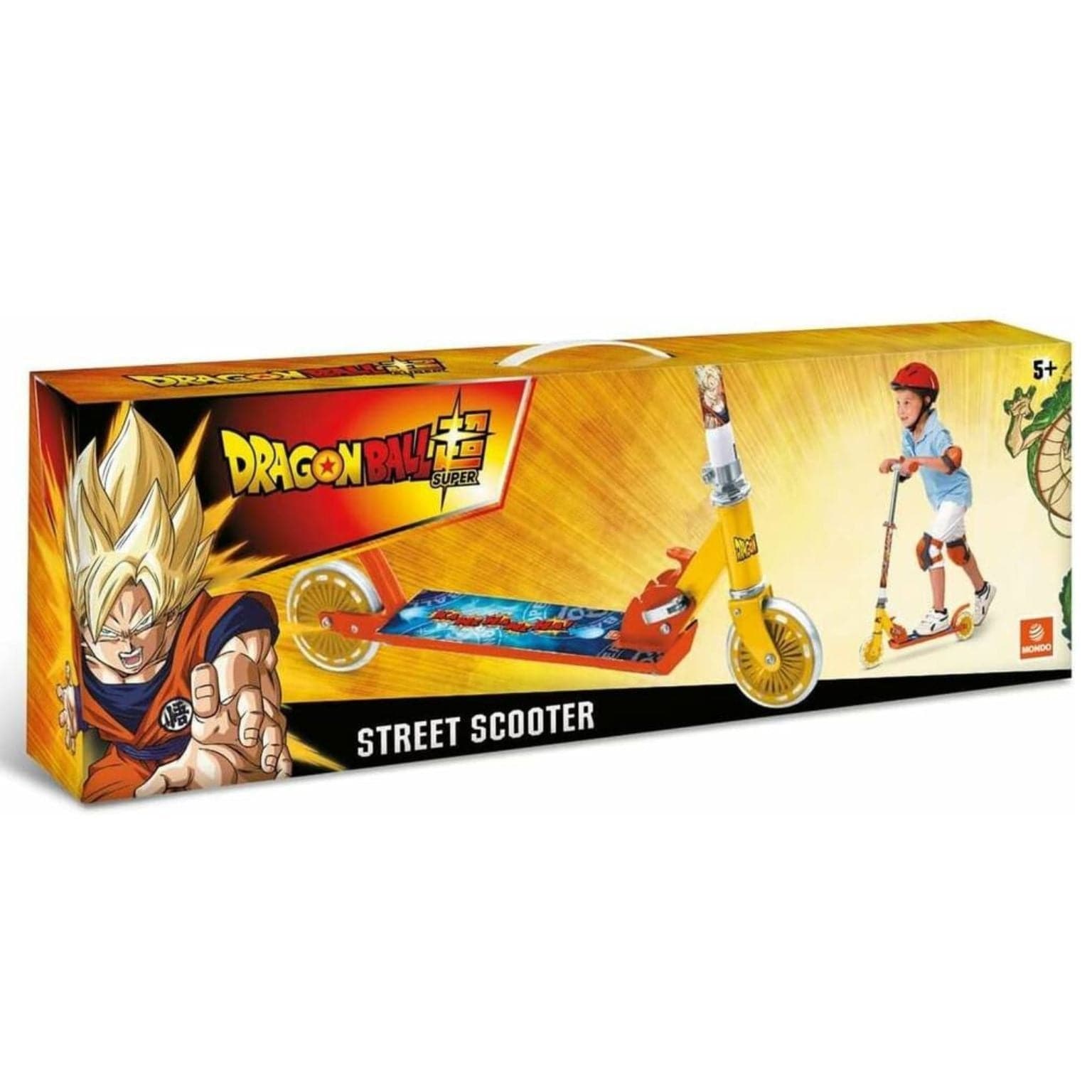 Trotinete de Alumínio Dragon Ball infantil Mondo com grafismos Dragon Ball e cores amarelo e laranja