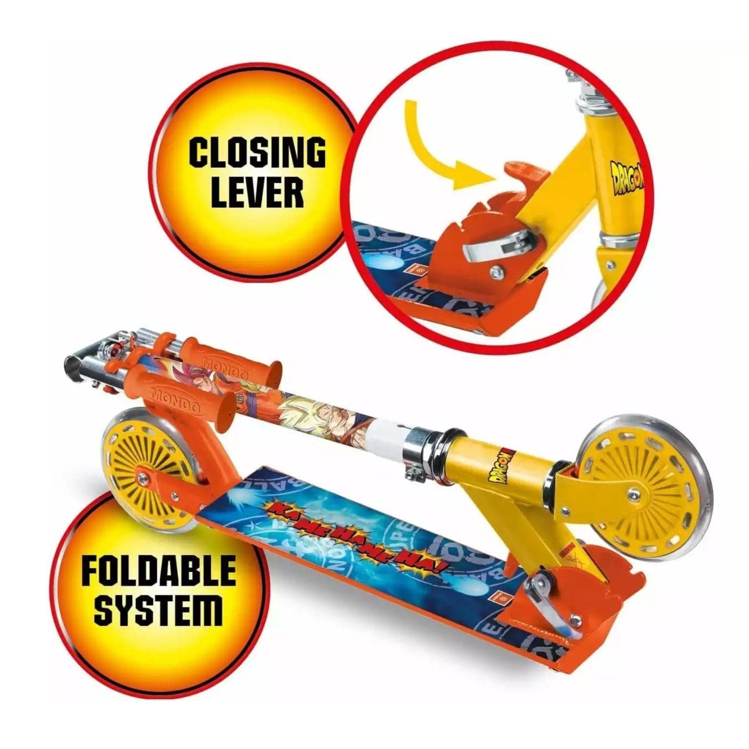 Trotinete de Alumínio Dragon Ball infantil Mondo com grafismos Dragon Ball e cores amarelo e laranja