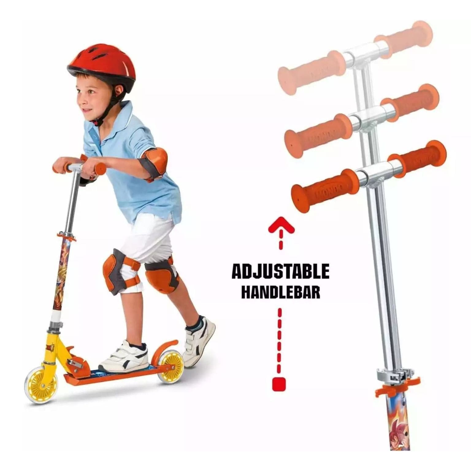 Trotinete de Alumínio Dragon Ball infantil Mondo com grafismos Dragon Ball e cores amarelo e laranja