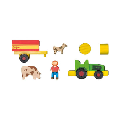 Peças do Agricultor com trator e atrelado: trator verde, atrelado, agricultor, vaca e cão