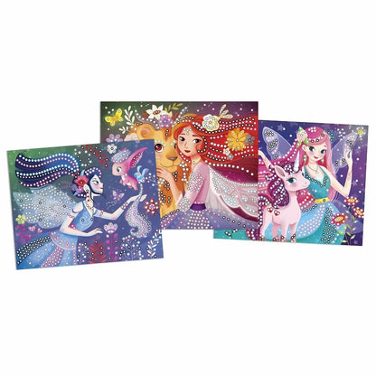 Conjunto de Atividades Fantasia e Diamantes: três quadros de fantasia com sereia, rapariga e fada