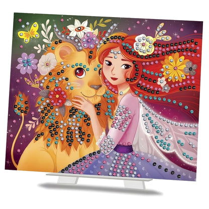 Conjunto de Atividades Fantasia e Diamantes: quadro de rapariga e leão com diamantes coloridos aplicados