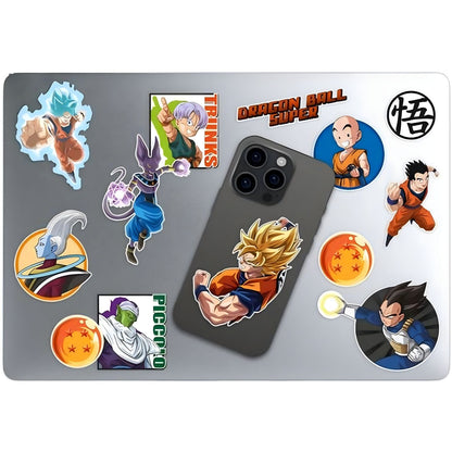 Autocolantes removíveis Dragon Ball colados num portátil e num telemóvel