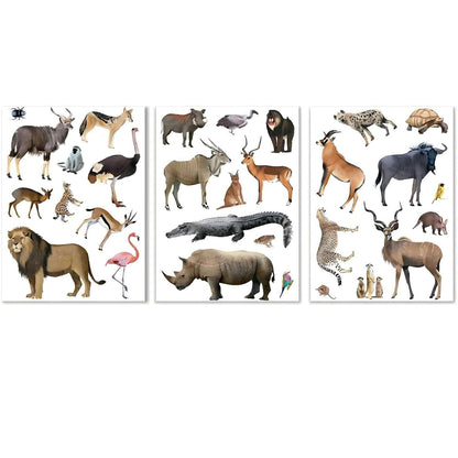 Três folhas de autocolantes reutilizáveis com animais da savana