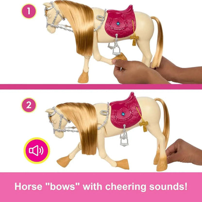 Duas fases do cavalo Barbie Mysteries a fazer vénia com sons