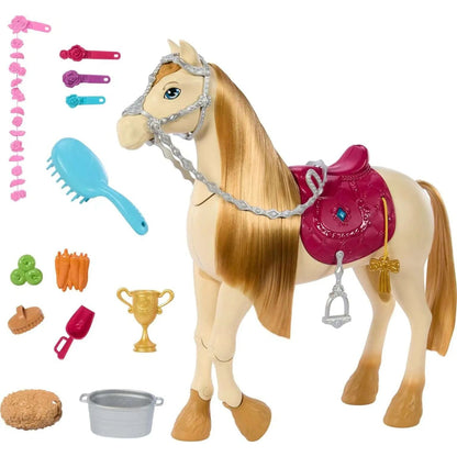 Cavalo Barbie Mysteries de crina loira com sela rosa e acessórios
