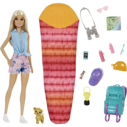 Barbie Malibú com saco-cama, mochila, binóculos, lanterna, cão e outros acessórios