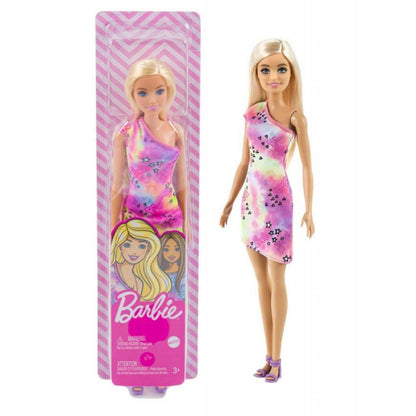Barbie Mini Saia Loira: boneca ao lado da embalagem cor-de-rosa