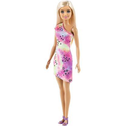 Barbie Mini Saia Loira: boneca loira com vestido cor-de-rosa, vista de lado