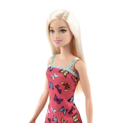 Barbie Fashion Loira vista da cintura para cima com vestido de alças azul-claras