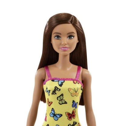 Rosto e tronco da Barbie Fashion morena com vestido de borboletas