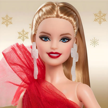 Rosto da Barbie Holiday 2024 com brincos e cabelo loiro