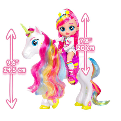 Boneca Dreamy montada no unicórnio Rym com indicação de 20 cm e 24,5 cm