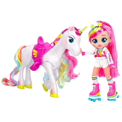 Boneca Dreamy de cabelo rosa com patins e unicórnio branco Rym de crina arco-íris