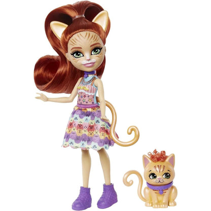 Boneca Enchantimals Tarla Tabby de orelhas de gato e vestido florido, com o gatinho Cuddler