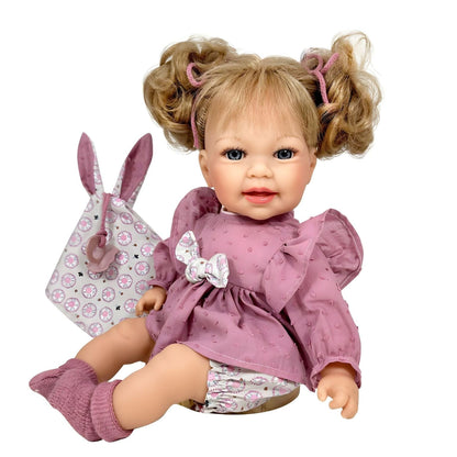 Boneca Little Susi de 40 cm com meias rosa e coelhinho, sentada