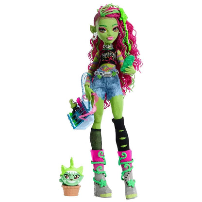 Boneca Venus McFlytrap de pele verde e cabelo verde e rosa, com planta