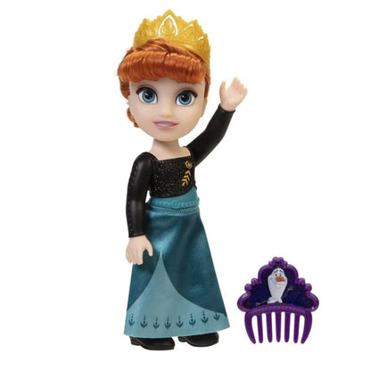 Boneca Anna com coroa dourada, vestido preto e verde-azulado e pente