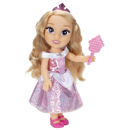 Boneca Aurora de vestido rosa brilhante com escova